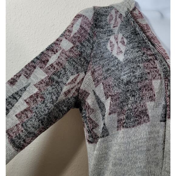 It's Our Time Gray Burgundy Black Open Front Hooded Coatigan Large Lightweight - Picture 5 of 5